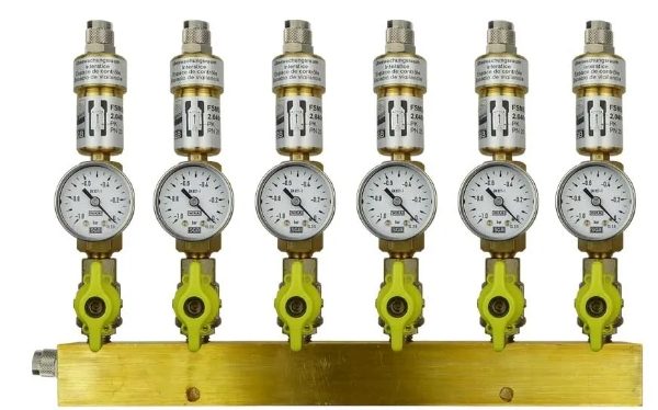 Manifold ext. 6 pipes, shut-off valves, gauge -1 to 0bar, QU8/6